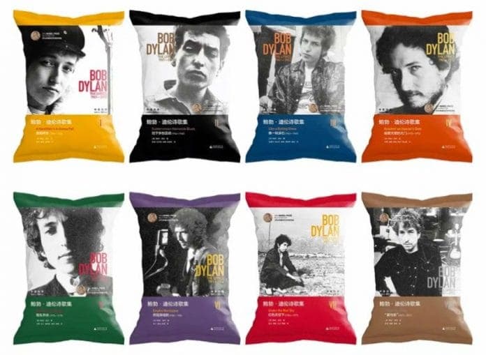 These Chinese potato chips bags are covered in Bob Dylan lyrics