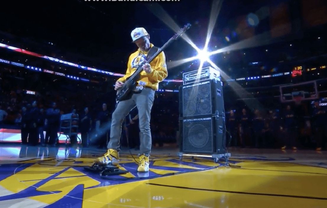 Flea plays bass guitar national anthem at basketball superstar Kobe Bryant’s final game