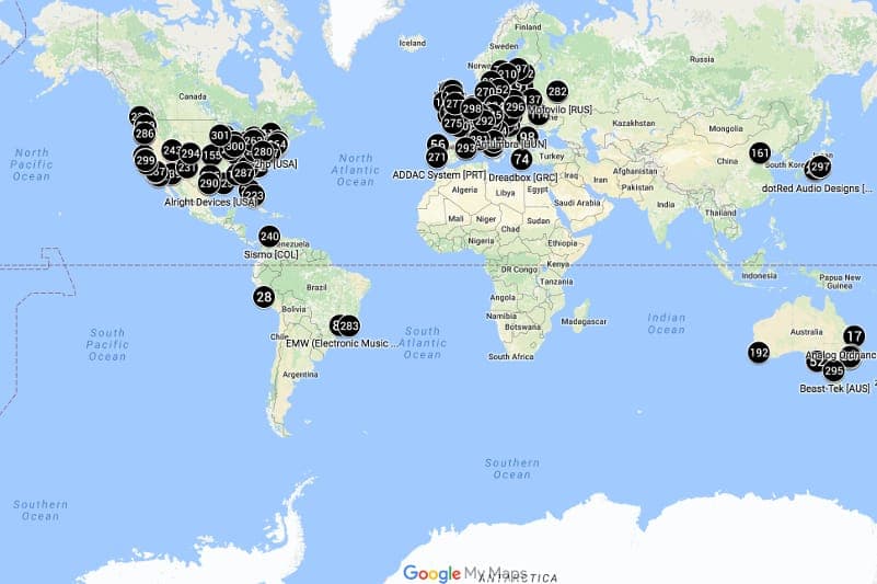 This map shows the location of Eurorack synth module companies around the globe