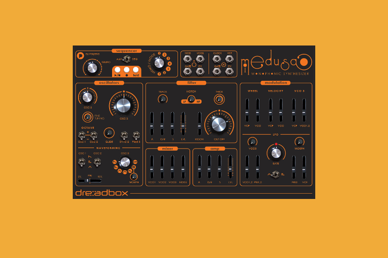Dreadbox's Medusa is a patchable $500 mono synth with sequencer